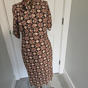 Sara Campbell Geometric Midi Dress in Red and Cream